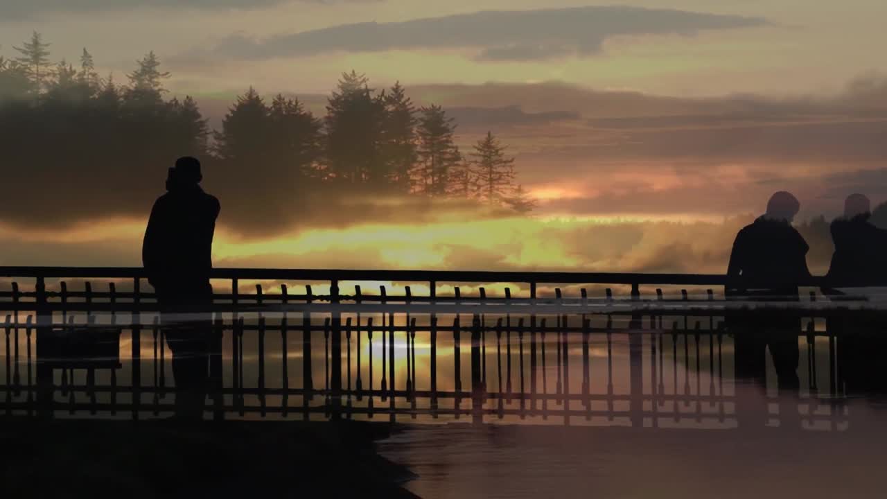 다양한 사람들의 실루 위에 풍경의 애니메이션