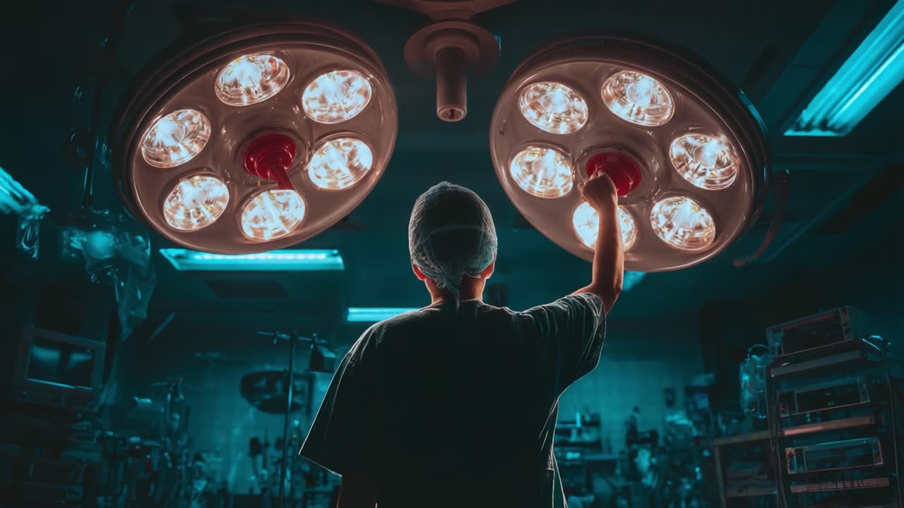 A Solemn Moment in the Operating Room: A Medical Professional Prepares for Surgery Under Bright Surgical Lights in an Atmospheric Setting