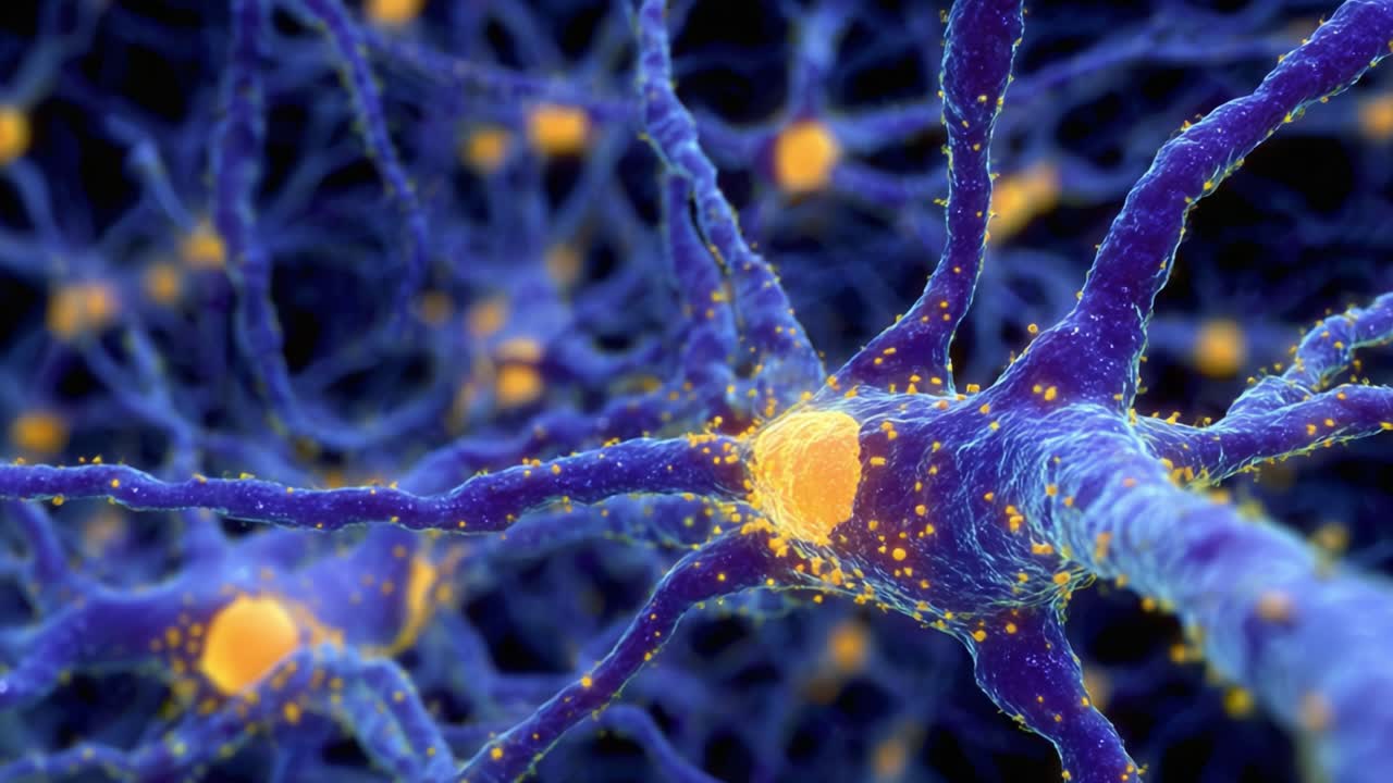 An Intricate Scientific Visualization of Neurons Highlighting the Complex Structure and Communication Mechanisms Between Neural Cells in the Human Nervous System