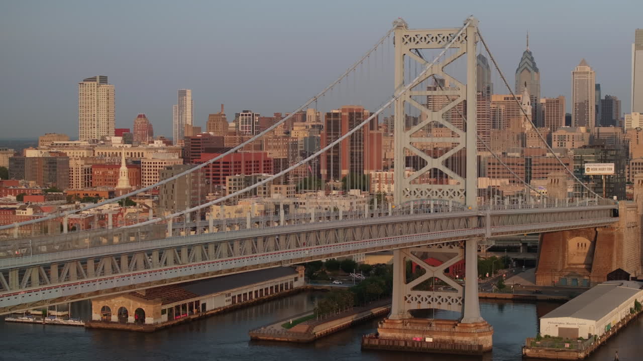 Establishing shot of Philadelphia's Ben Franklin Bridge. Shot on a summer morning