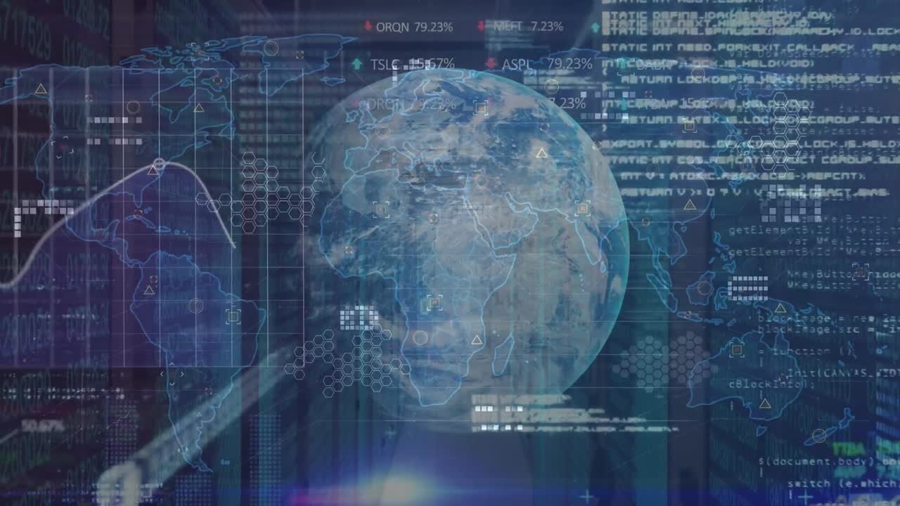 Animation of globe and world map with data processing over server room
