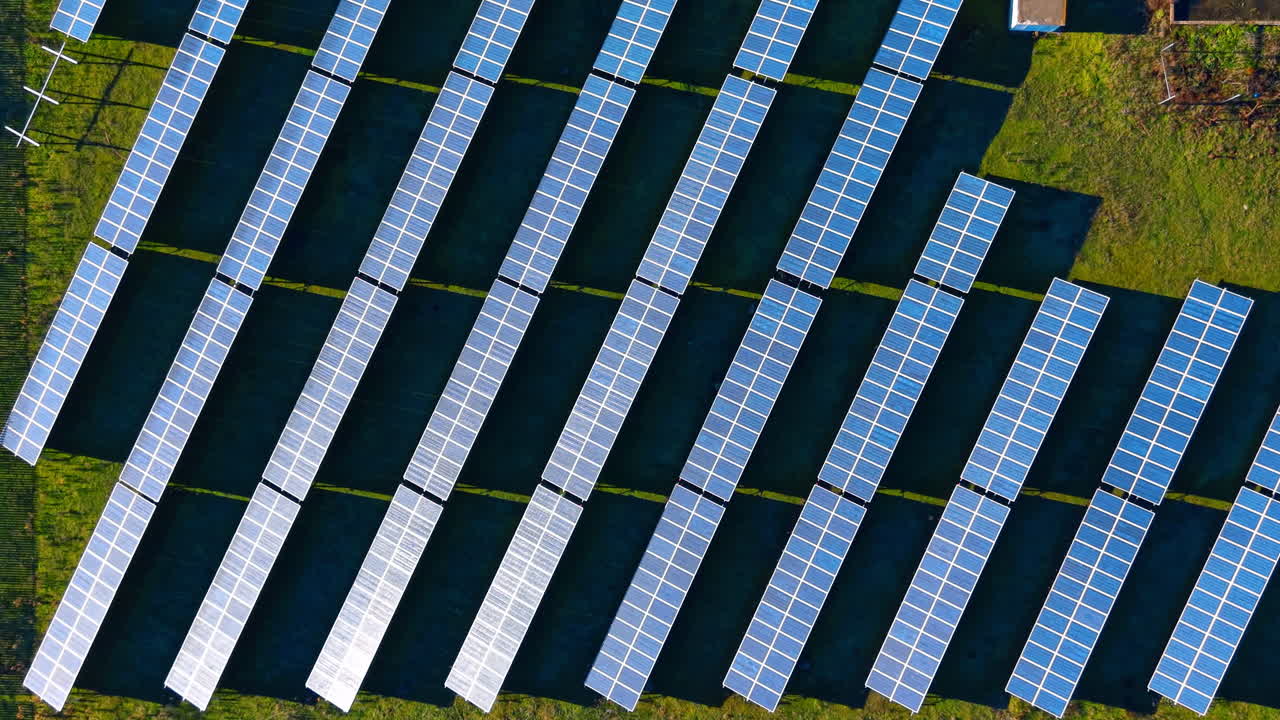 Pannelli solari allineati in file. I pannelli solari sono disposti in file ordinate su un campo verde. I pannelli raccolgono la luce solare per produrre energia.