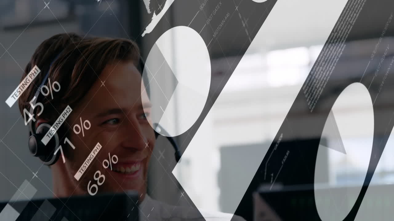 Animation of data processing over caucasian businessman using phone headset