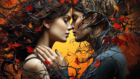 couple embracing amidst autumn leaves and twisted branches at sunset