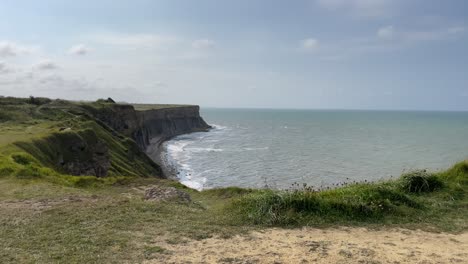 gorgeous wide panorama view from cap manvieux on d day landing cliffs from world war 2 and atlantic ocean at west coast of france