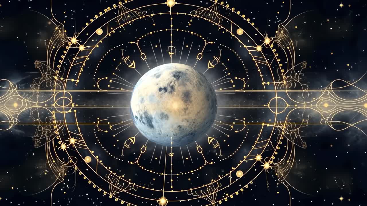 A cosmic-themed video still featuring a moon at the center, surrounded by intricate golden geometric