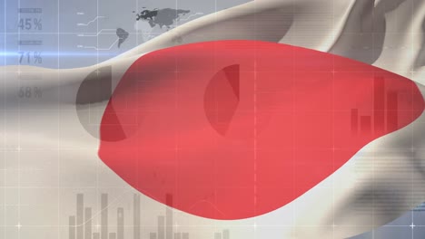 animation of financial statistics recording and world map over flag of japan waving