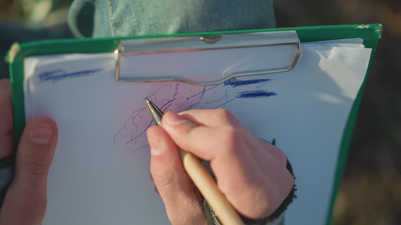 Mujer cartografiando un terreno, mujer observando y registrando los contornos del paisaje con un portapapeles a la luz del sol, artista documentando el terreno y las líneas de contorno al aire libre bajo la luz del sol brillante durante un estudio de campo