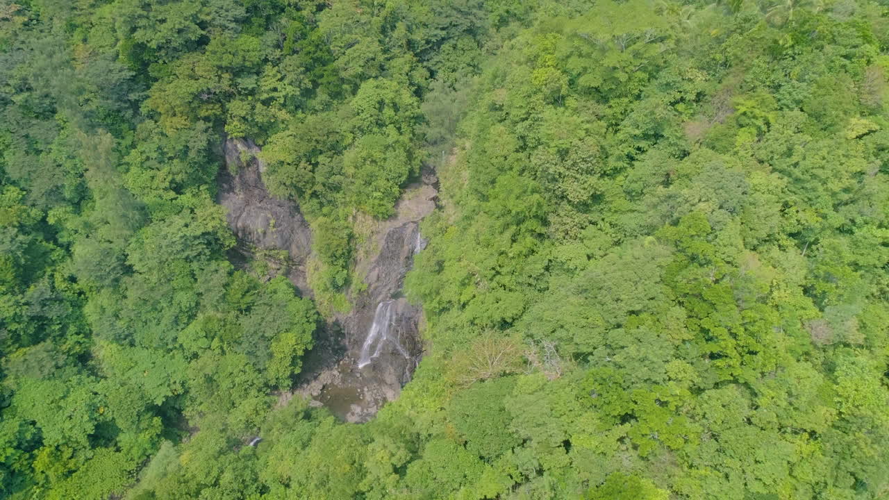toma de órbita aérea de una pequeña cascada en medio de árboles de montaña
