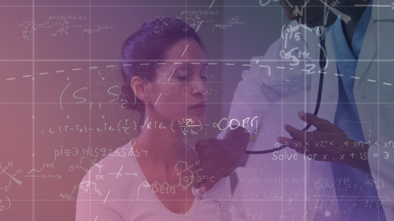 ecuaciones matemáticas sobre una paciente afroamericana siendo examinada en el hospital