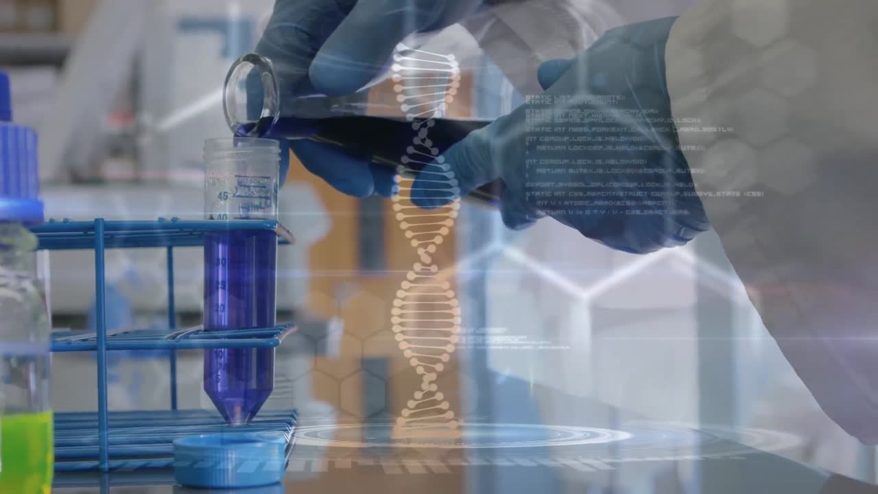 animación de cadena de adn y procesamiento de datos sobre científico caucásico en el laboratorio