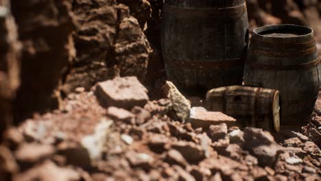 viejos barriles de vino vintage de madera cerca de la pared de piedra en el cañón