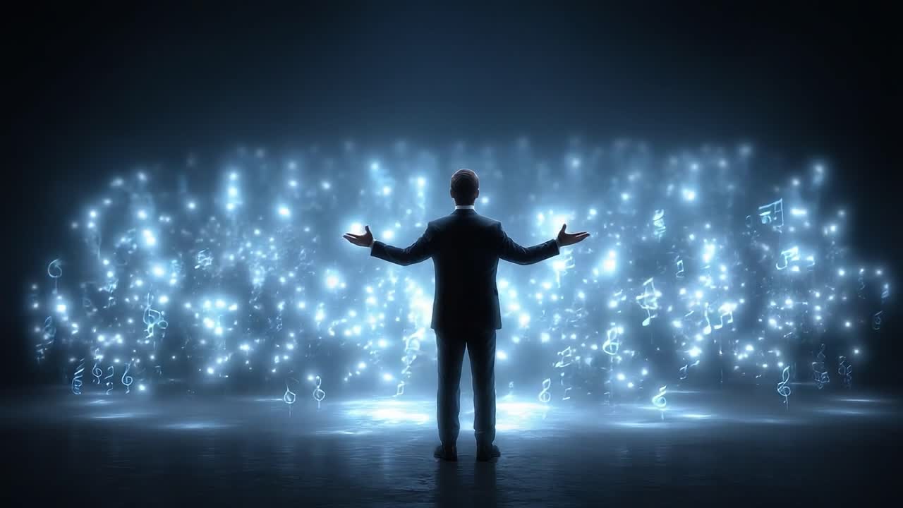 A Majestic Conductor Guides a Celestial Symphony of Illuminating Musical Notes, Creating a Harmonious Fusion of Light and Sound in an Ethereal Space