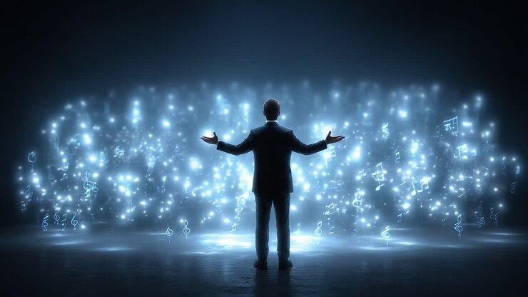 Um maestro majestoso rege uma sinfonia celestial de notas musicais iluminadas, criando uma fusão harmoniosa de luz e som em um espaço etéreo