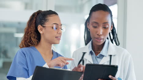 doctors, team checklist and tablet for medical