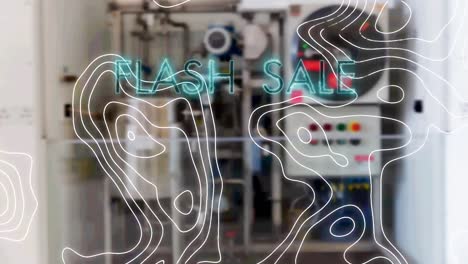 banner de texto de venta de flash de neón azul sobre la topografía contra la fábrica en el fondo