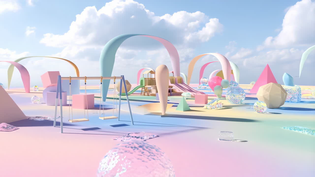 A Surreal Pastel Playground with Geometric Shapes