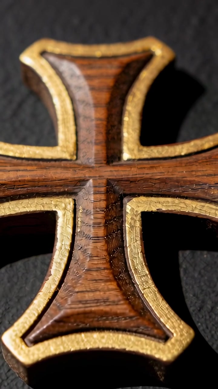 Video verticale: Telecamera che panoramica catturando una croce di legno in primo piano macro, mostrando finiture dorate.