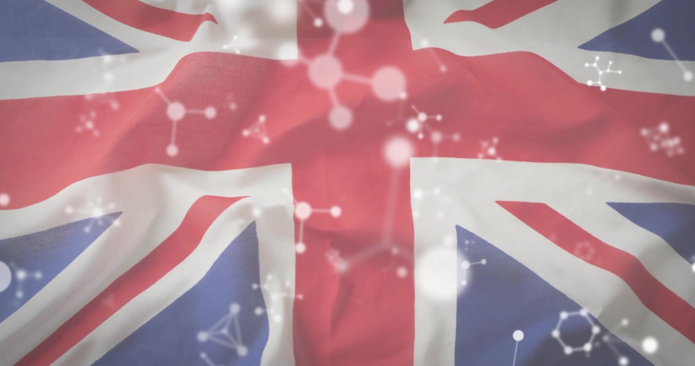 Åbning viser britisk flag, der blafrer, glattes ud med flydende molekyler, der illustrerer videnskab