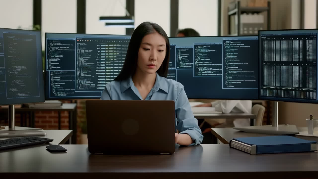 Focused Asian Woman Developer Working on Code in a Multi-Monitor Office Setup