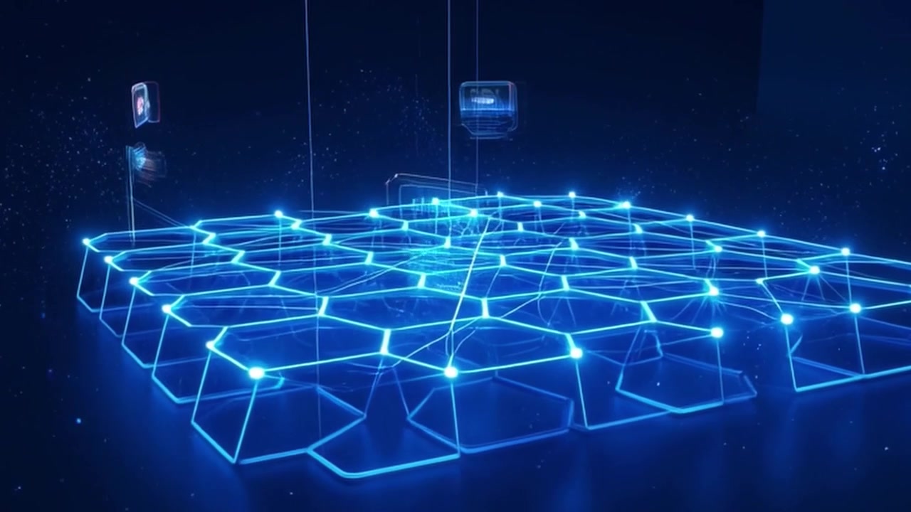 Abstract Digital Hexagonal Grid Connecting with Glowing Data Nodes