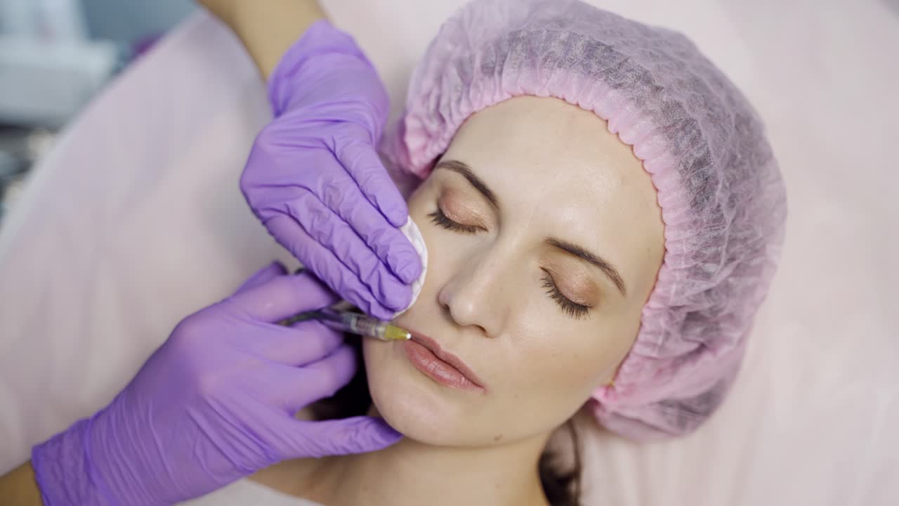Beautiful woman is doing a lip augmentation procedure in a beauty salon. Botox in the lips area. Modern cosmetology. Close-up