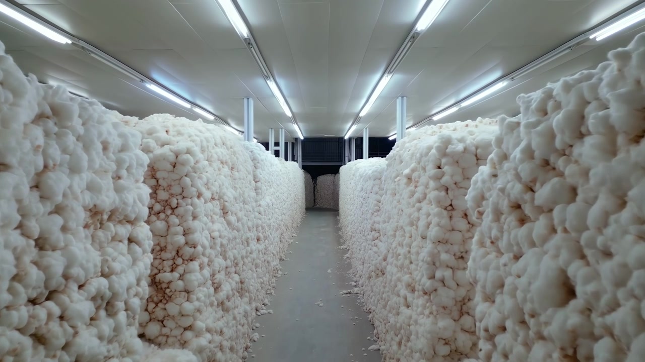 Vista centrata a livello degli occhi lungo un corridoio di stoccaggio interno delimitato da enormi pile di cotone compresso su entrambi i lati, che formano alte pareti texturizzate di fibra color crema pallido, forte simmetria, profondità e.