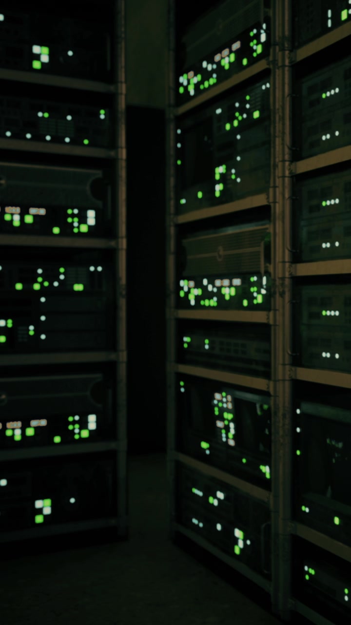 Data center storage displays lights from servers at night time