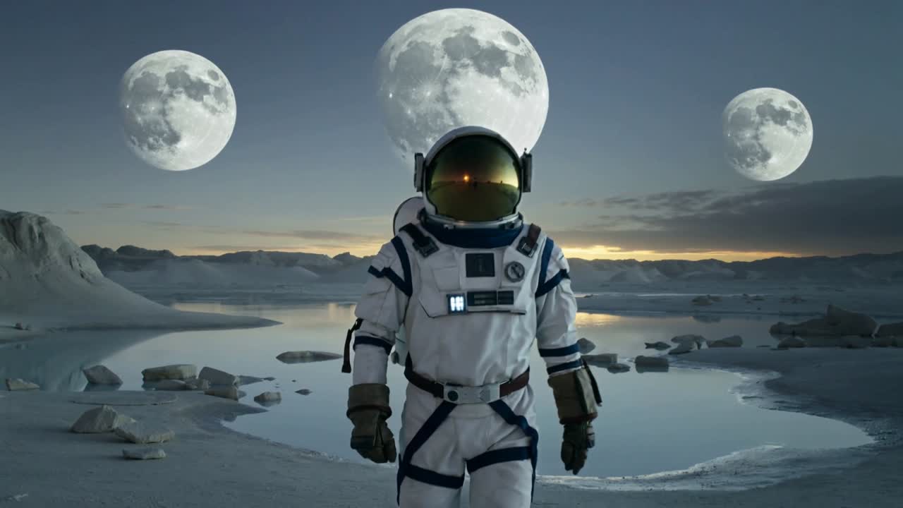 Gående astronaut reagerer på horisontens glød, nærmer sig kameraet over is, guldvisir reflekterer måner