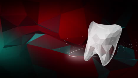 polygonal 3d model of a tooth. dental symbol on low poly triangles background. abstract medical looping animation with glowing particles.
