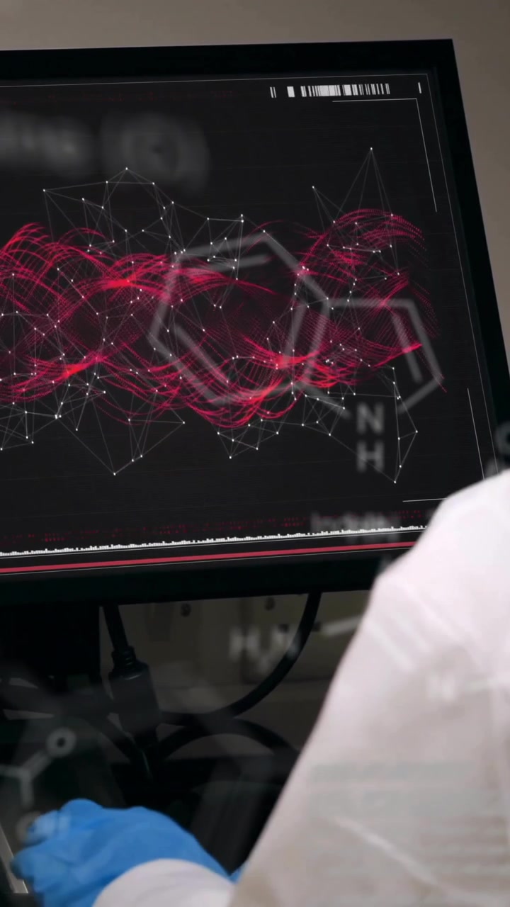 Animazione di elaborazione dati su scienziata caucasica in laboratorio
