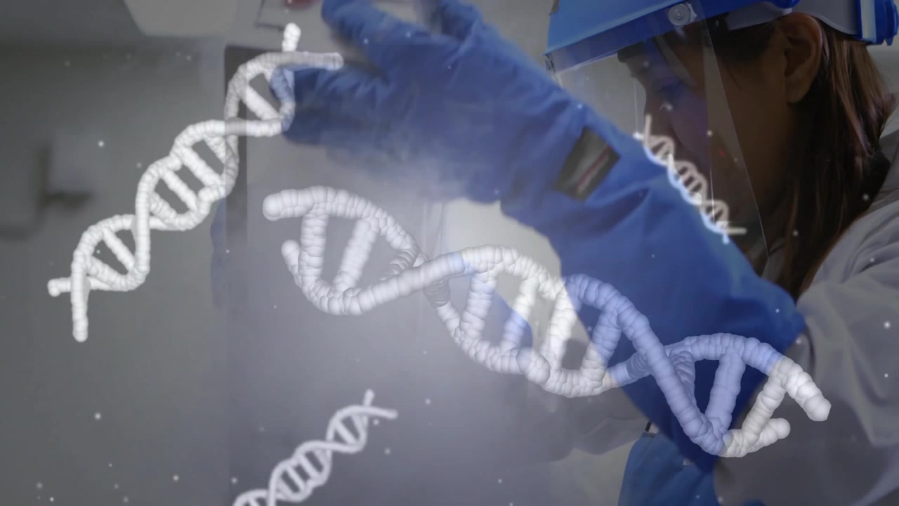 Clinical lab technician raising hand toward test cassette and examining result with DNA helix