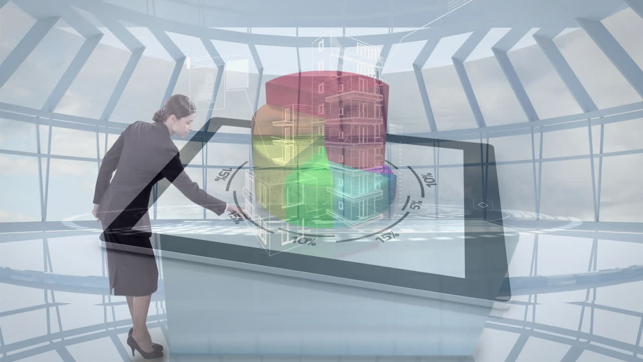 Analyzing colorful 3D animation pie chart, businesswoman using tablet in office