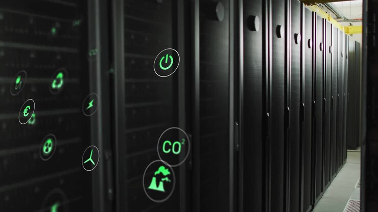 Animation of eco icons and digital data processing over computer servers