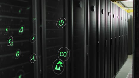 Animation of eco icons and digital data processing over computer servers
