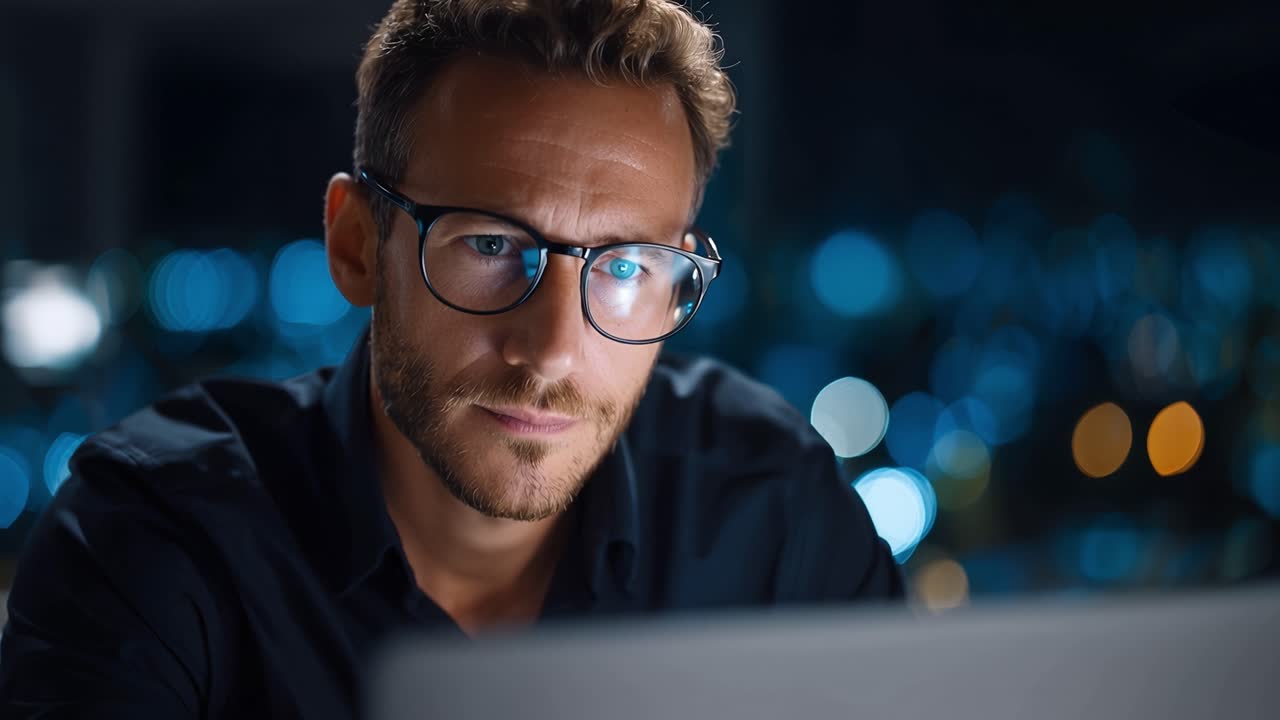Professionista concentrato che lavora a tarda notte al laptop, circondato da uno sfondo sfocato di luci blu soffuse mentre analizza informazioni critiche.