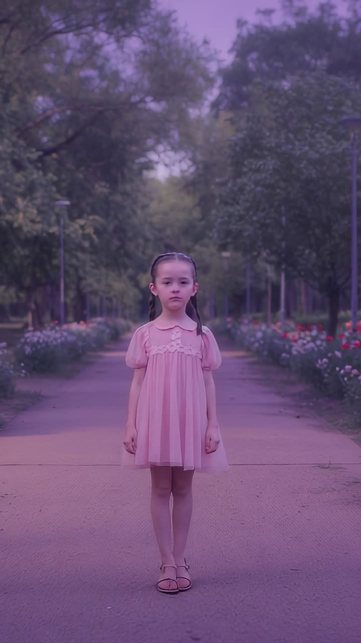 Vertical video: Entering girl wearing pink dress with sandals walking path stopping by flower beds