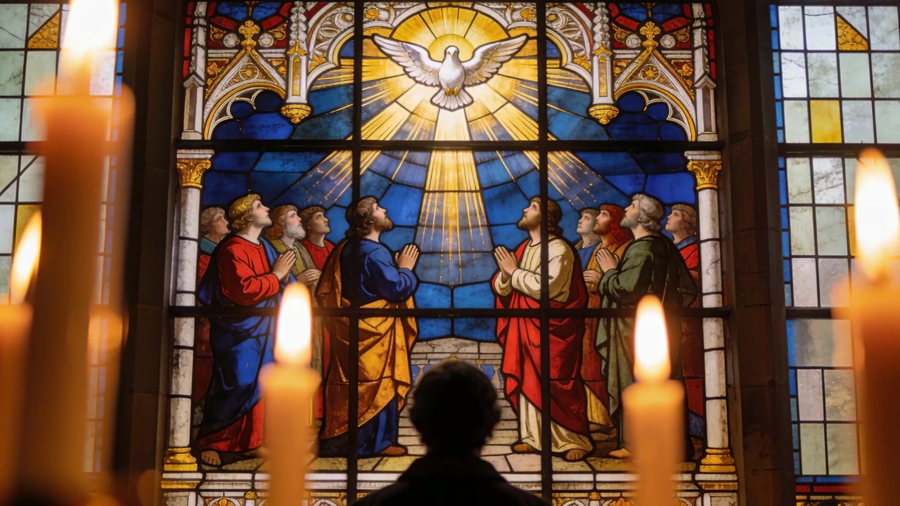 Telecamera che si sposta e mette a fuoco una vetrata in una chiesa, rivelando una colomba dietro una silhouette con candele accese.