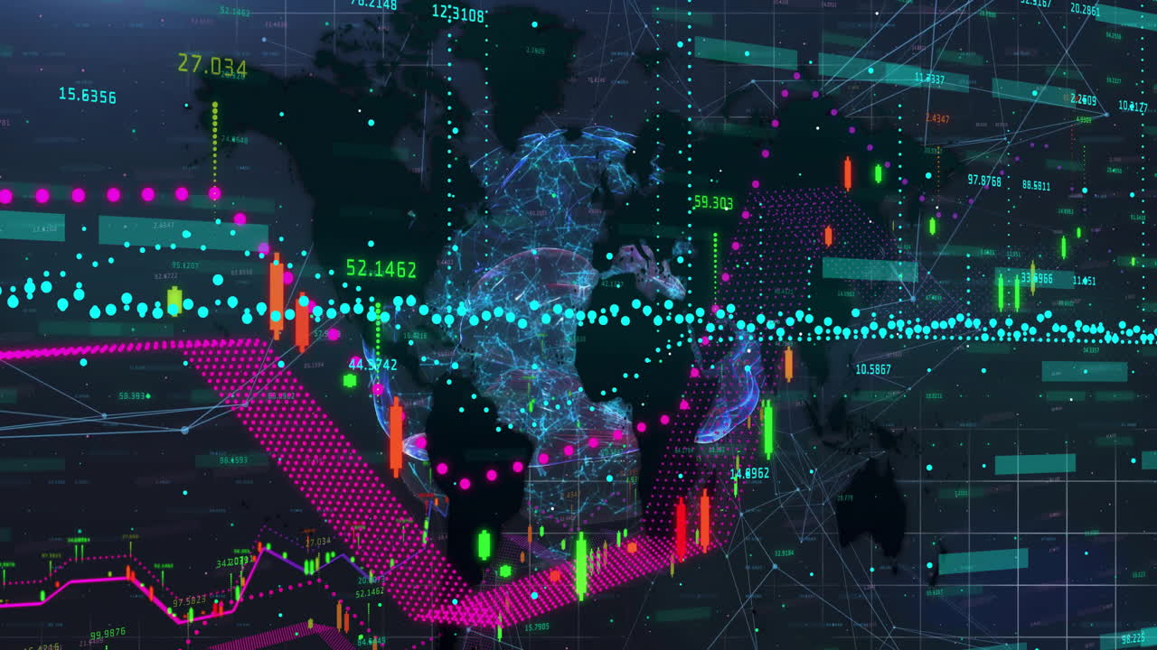 3D render stylized world map silhouette showing glowing network lines flowing above grid data bars