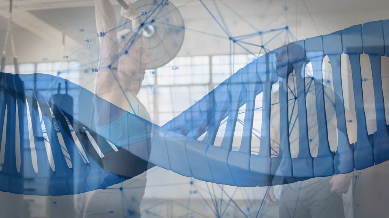 Female lifter performing barbell lifts while animated helix sweeping, revealing nodes for fitness