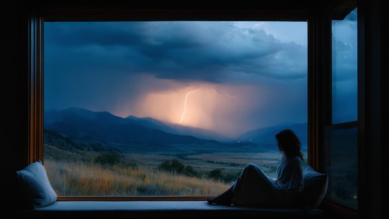A Serene Moment: A Woman Sits by the Window Watching a Thunderstorm Illuminate the Mountainous Landscape with Spectacular Lightning Strikes in the Background