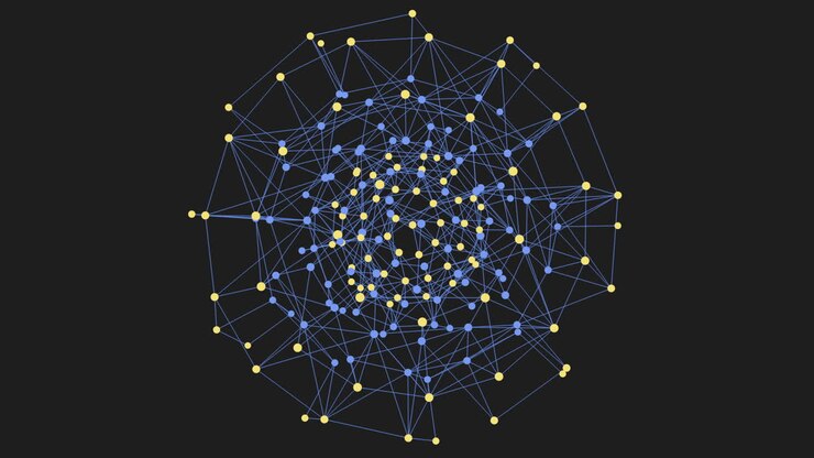 Digital sphere with neon dots and lines on black gradient