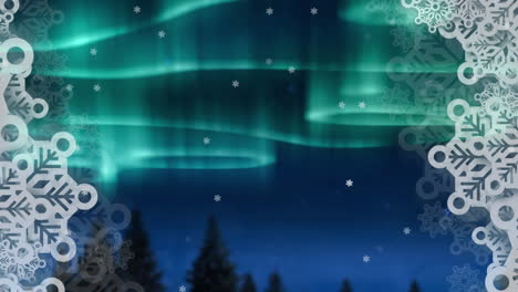 digital animation of snowflakes and stars moving against glowing green light trails in night sky