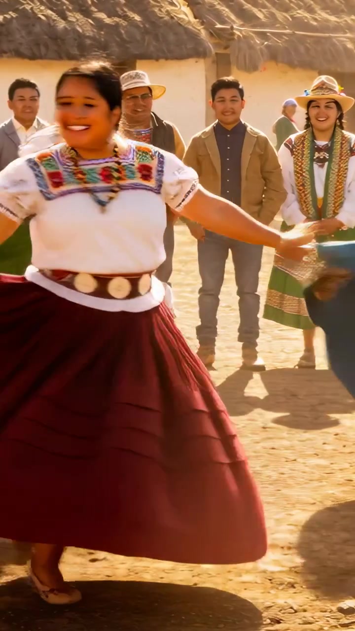 Vídeo vertical: Dançarina girando rodopiando saia vermelha, música começando, celebrando festa da aldeia