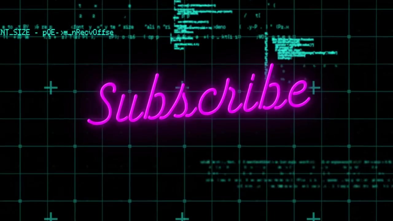Faint subscribe outline appearing on code grid, flashing neon pink sign fading attracting attention