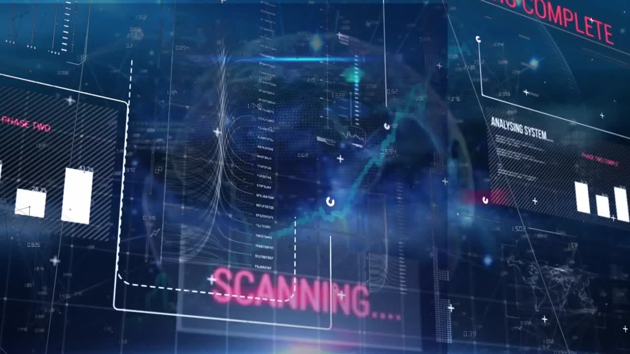 검은색 배경에 데이터 처리를 통해 지구와 세계 지도의 애니메이션