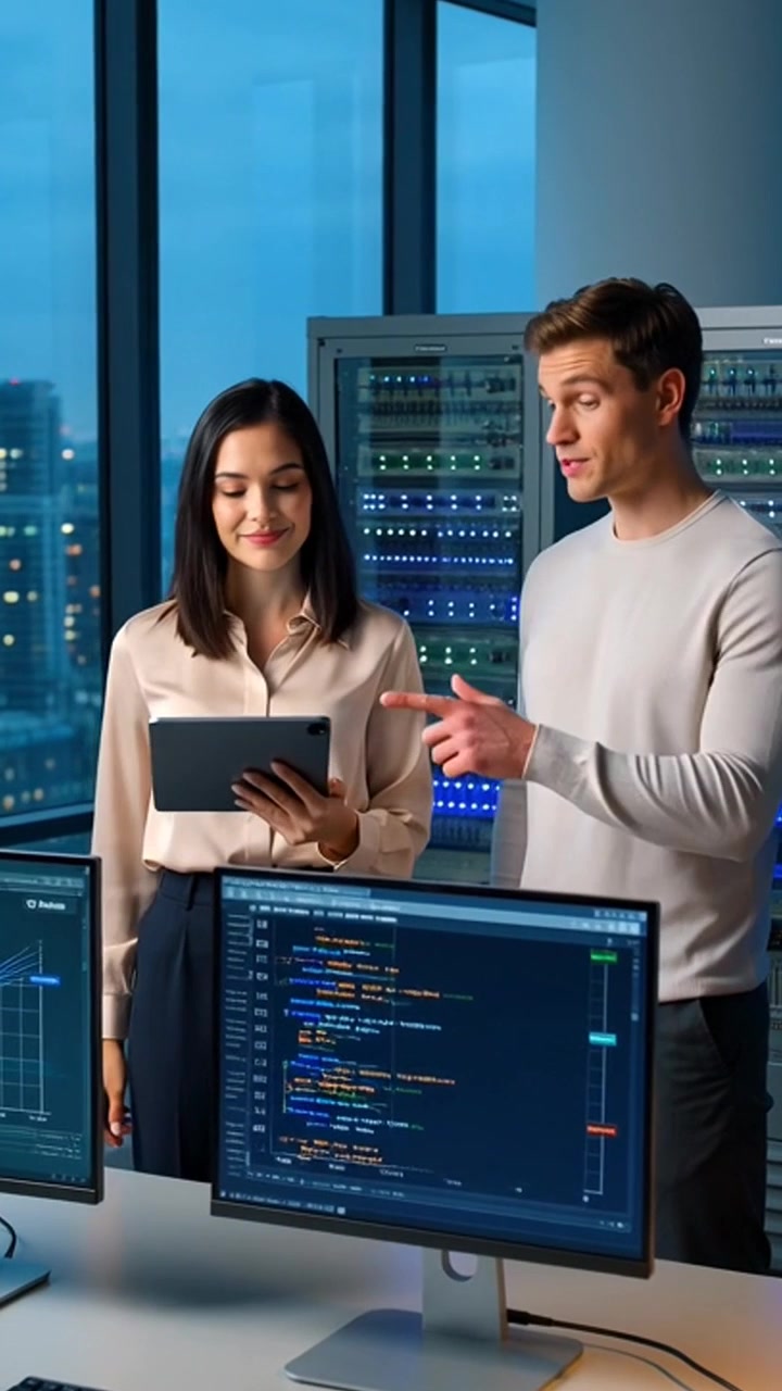 Developers collaborating on coding project in data center