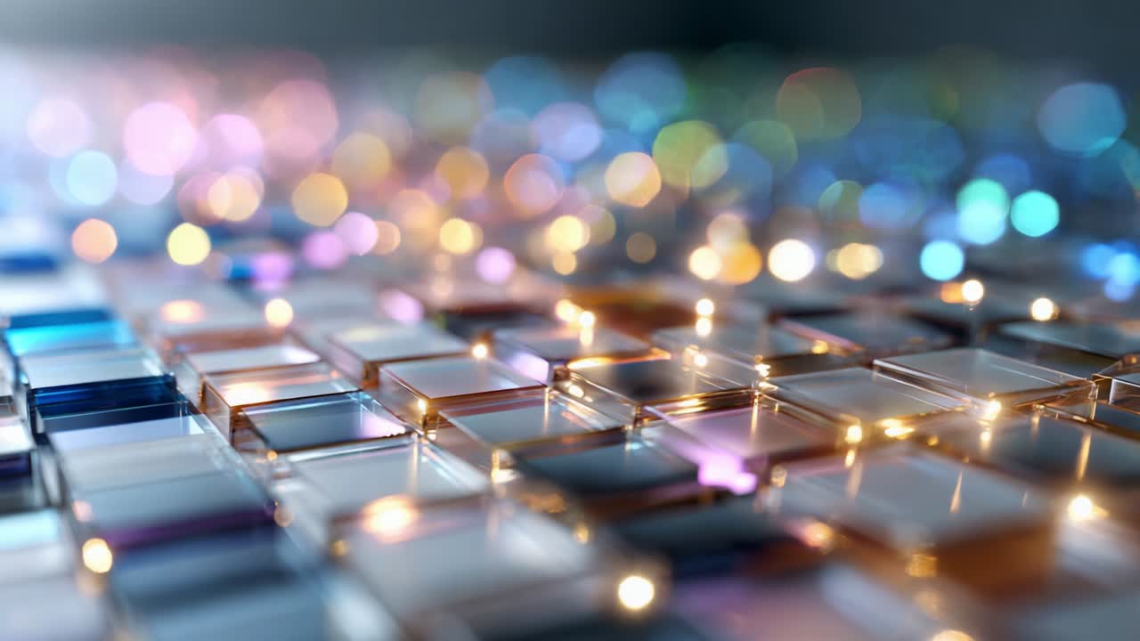 A mesmerizing display of vibrant colored tiles illuminated by soft lights, creating a stunning abstract visual of shimmering reflections and glimmers, highlighting intricate patterns and textures in the design