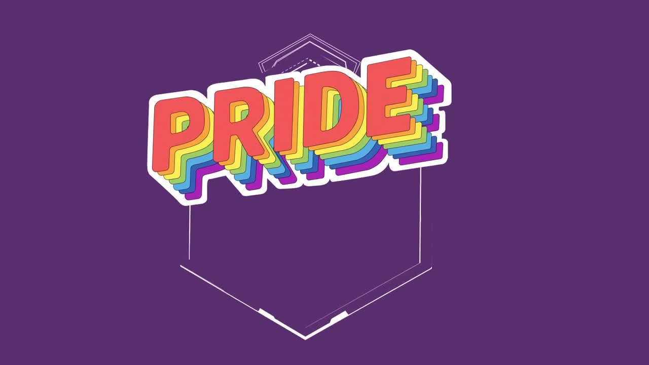 Digital animation of rainbow pride text banner over abstract hexagonal shape on purple background