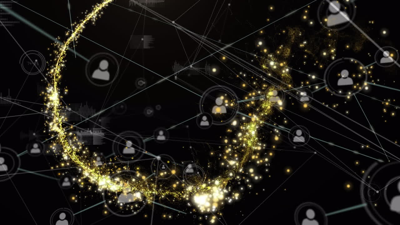 검은색 배경에 아이콘과 떨어지는 별을 가진 연결 네트워크의 애니메이션.